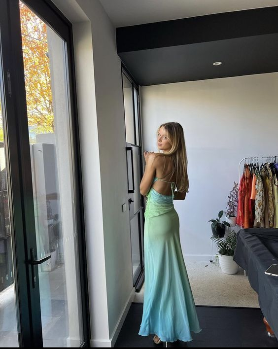 Mermaid Straps Ombre Green Floor Length Backless  Prom Dress SH1319