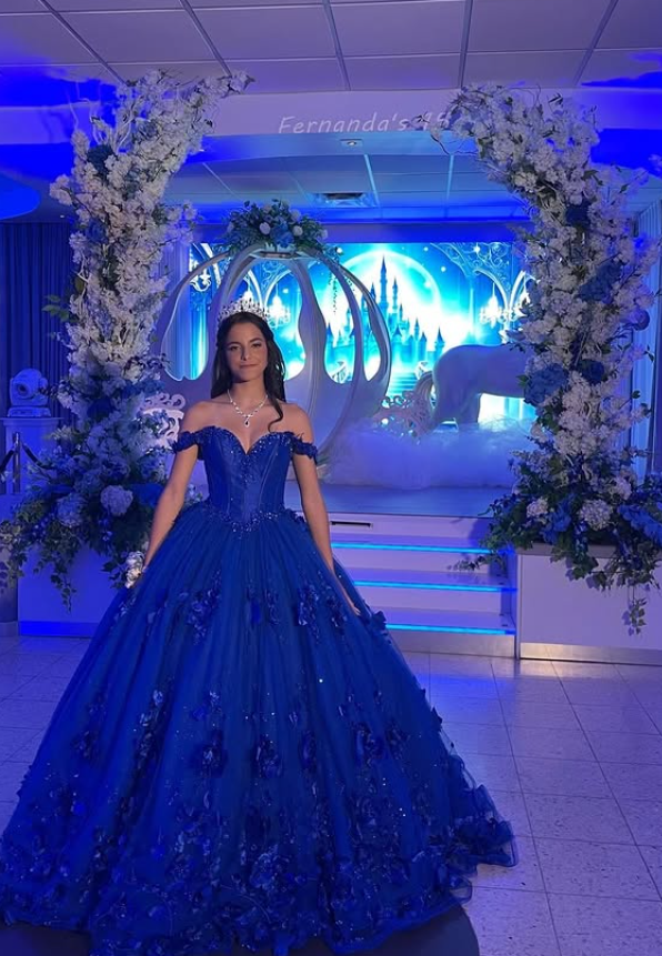 Royal Blue Tulle Beaded Applique Long Prom Dress Quinceanera Dress Ball Gown SH5183