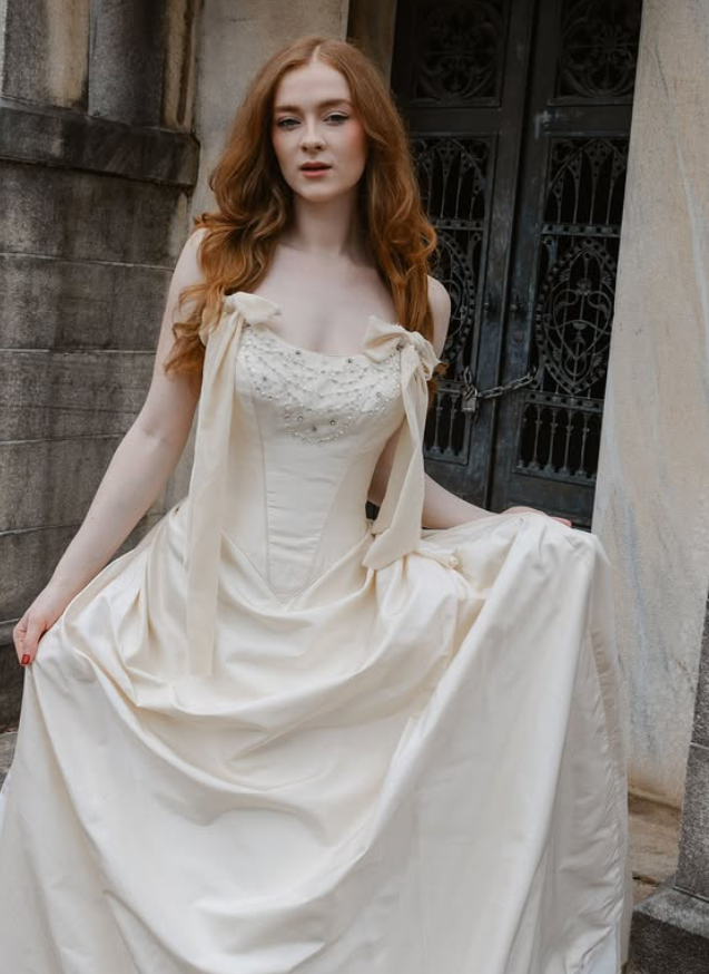 Retro Apricot A Line Strapless Pearl Beaded Satin Wedding Dress SH6088