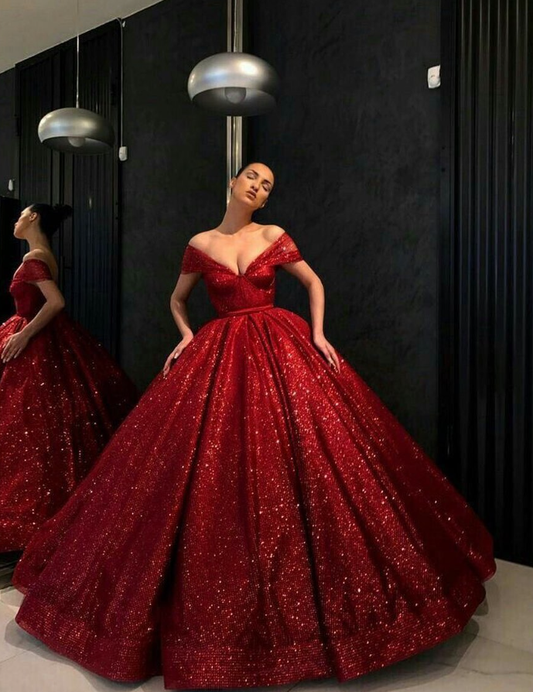 Stunning Burgundy Ball Gown Off the Shoulder Sequin Prom Dress Wedding Guest Dress SH4457