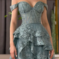 Blue A Line Off the Shoulder Appliques Tiered Petal Tulle Prom Dress Evening Dress SH1901