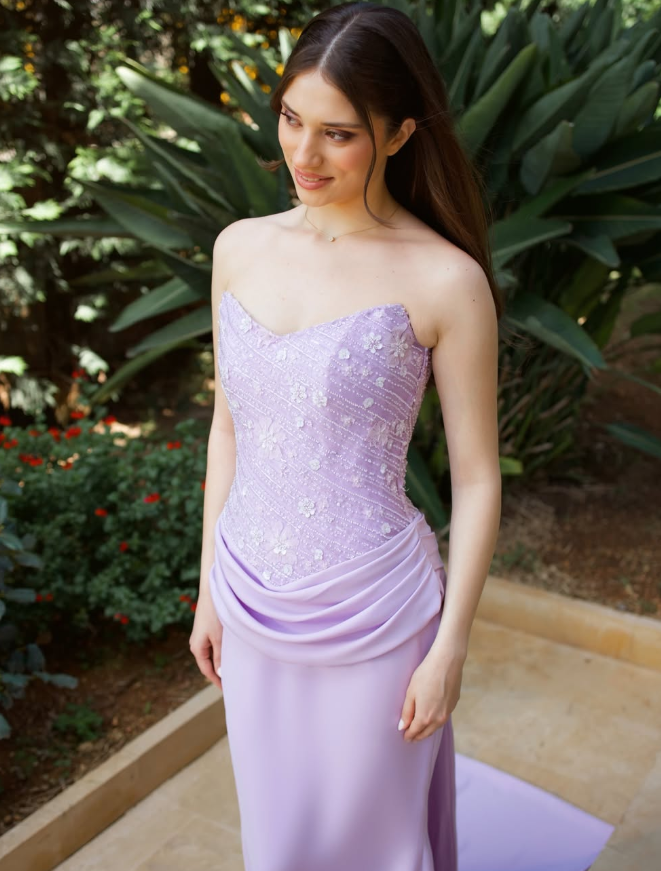 Dreamy Lilac Sheath Strapless Beaded Satin Prom Dress Evening Dress SH6531