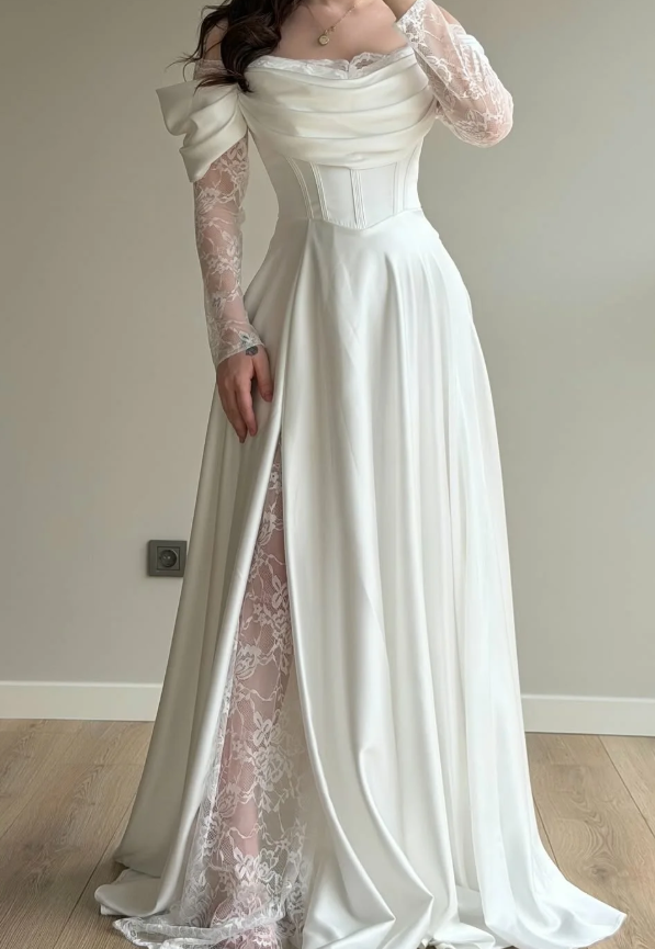Elegant White A Line Long Sleeve Lace Satin Prom Dress Wedding Guest Dress SH5395