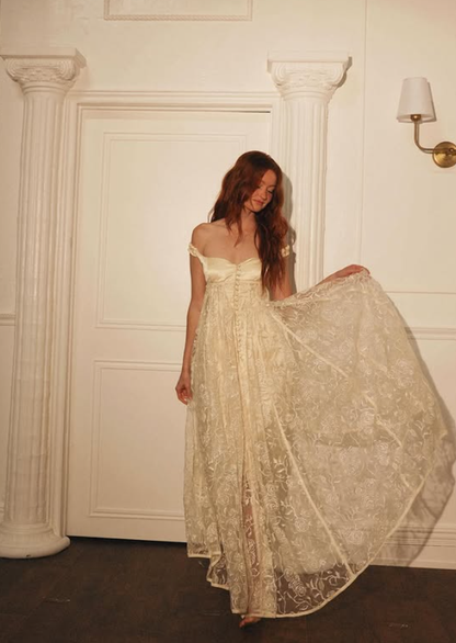 Vintage A Line Off the Shoulder Apricot Satin Lace Prom Dress Evening Dress SH6266