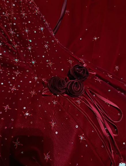 Luxurious Burgundy A Line Strapless Shiny Beaded Velvet Prom Dress SH5651
