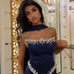 Navy Blue Sheath Strapless Exquisite Beaded Satin Prom Dress Evening Dress SH5397