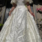 Vintage Ivory A Line Puff Sleeve Lace Print Floral Satin Wedding Dress Prom Dress SH5936