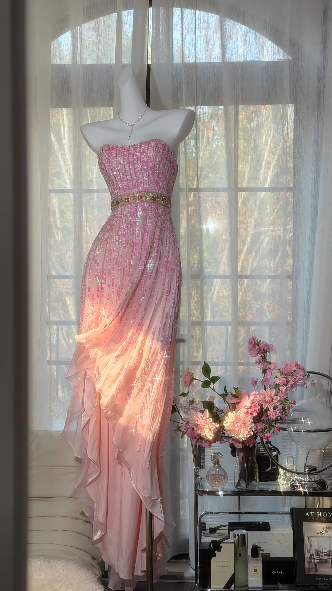 Pink Fairy A Line Strapless Shiny Sequin Chiffon Prom Dress Graduation Prom Dress SH5341