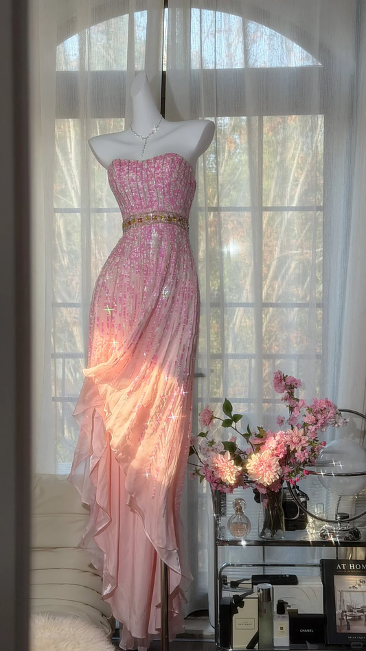 Pink Fairy A Line Strapless Shiny Sequin Chiffon Prom Dress Graduation Prom Dress SH5341