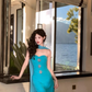 Blue Mermaid Strapless Beaded Chiffon Prom Dress Vacation Dress SH4383