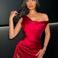 Charming Sheath Off the Shoulder Red Satin Prom Dress Evening Dress with Slit SH2280
