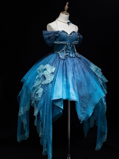 Dreamy Blue Ball Gown Off the Shoulder Chiffon Satin Short Prom Dress Homecoming Dress SH6444