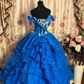 Royal Blue Ball Gown Off the Shoulder Floral Layered Organza Long Prom Dress Evening Dress SH3701