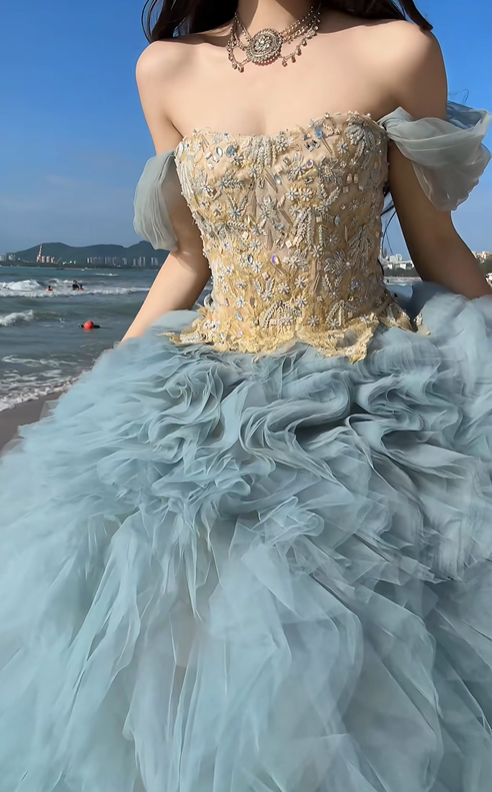 Dreamy Blue Ball Gown Off the Shoulder Beaded Tulle Prom Dress 16th Birthday Dress SH5028