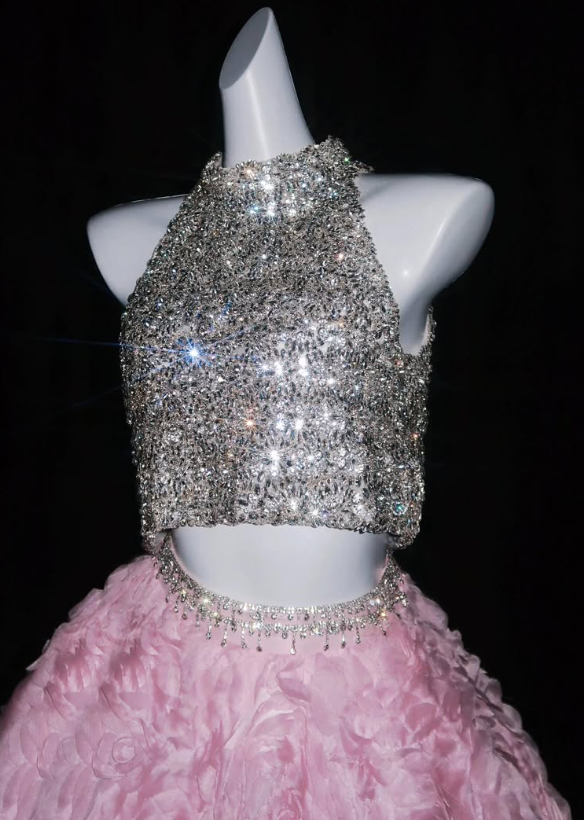 Shiny Rhinestone Ball Gown Exquisite 3D Pink Rose Tulle Prom Dress Quinceanera Dress SH7162