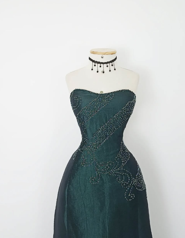 Vintage A Line Sweetheart Neck Green Beaded Satin Long Evening Dress Party Dress SH3170