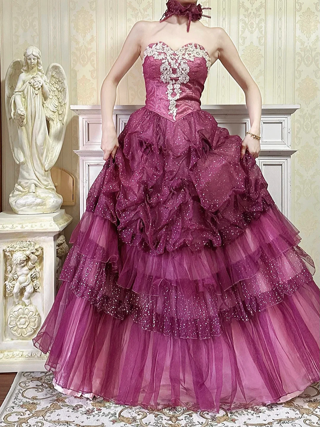 Vintage Rose Madder Ball Gown Strapless Appliques Sequin Tulle Prom Dress Graduation Prom Dress SH5273