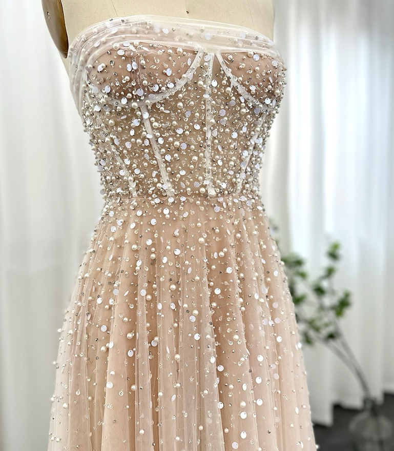 Elegant A Line Strapless Sequin Pearl Beaded Tulle Long Prom Dress Evening Dress SH1940