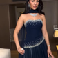 Elegant Navy Blue A Line Strapless Beaded Tulle Prom Dress Wedding Guest Dress SH5389