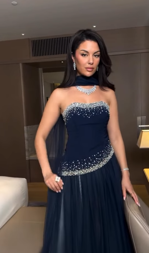 Elegant Navy Blue A Line Strapless Beaded Tulle Prom Dress Wedding Guest Dress SH5389