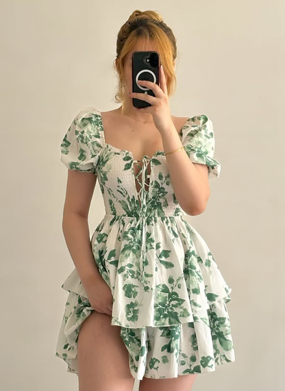 Summer A Line Puff Sleeve Green Print Chiffon Short Prom Dress Homecoming Dress SH6897