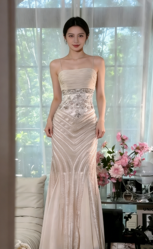 Light Apricot Mermaid Spaghetti Strap Beaded Chiffon Prom Dress Wedding Guest Dress SH4327