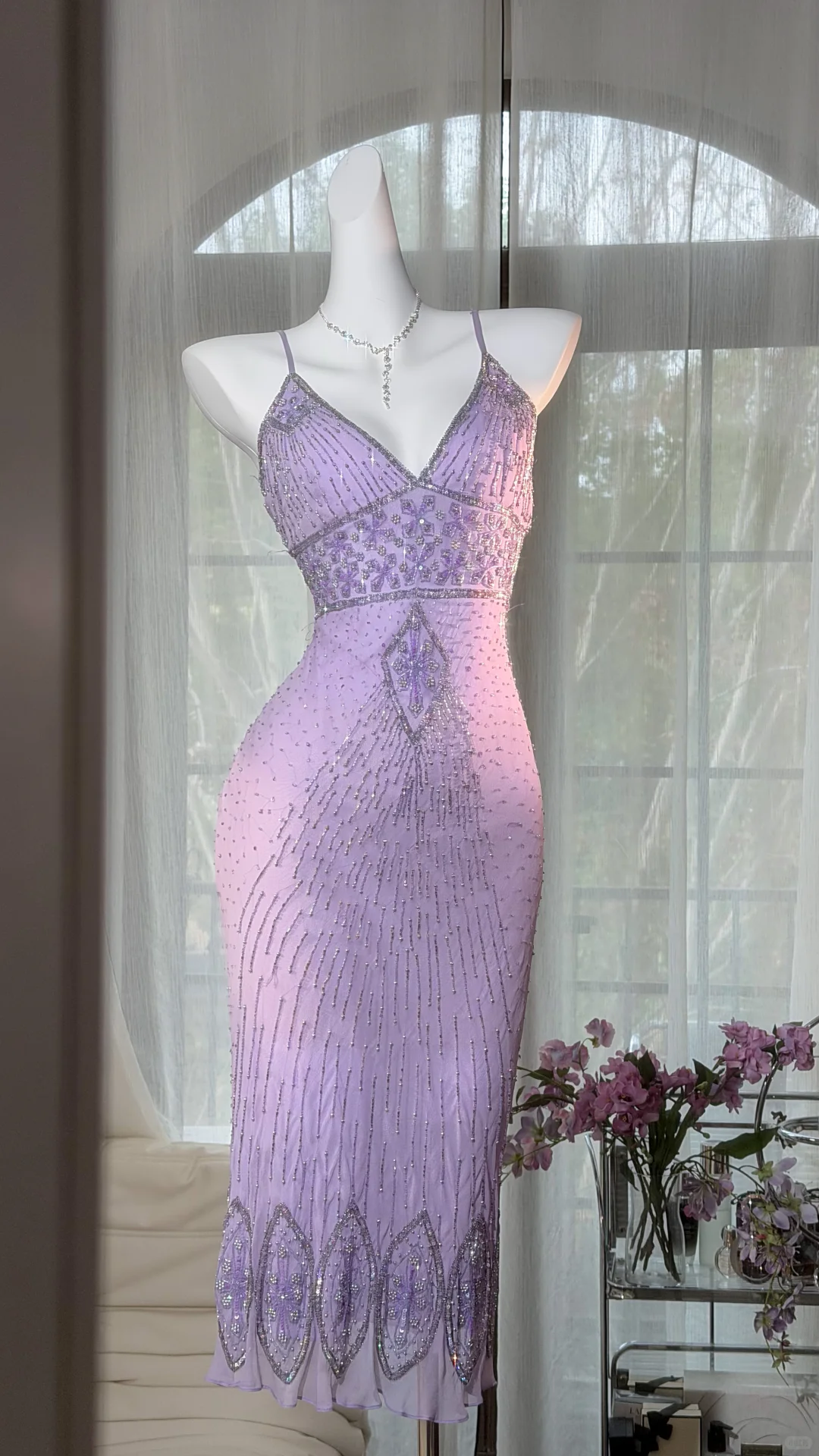 Lilac Sheath Straps Beaded Chiffon Tea Length Prom Dress Graduation Prom Dress SH5350
