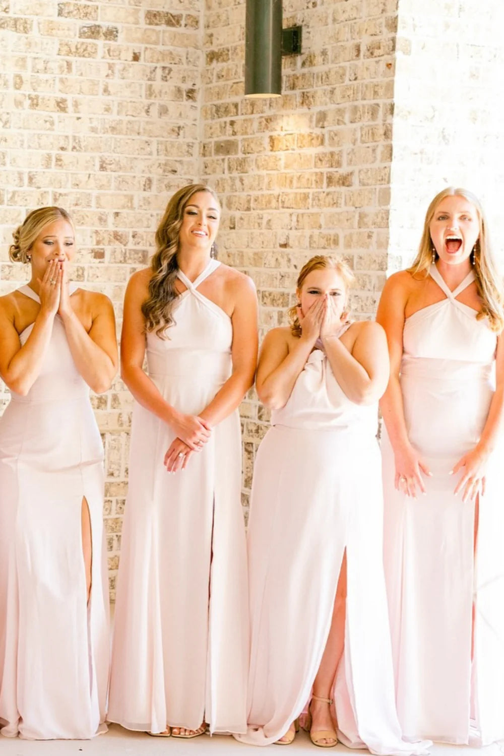 Simple Halter Pink Mermaid Chiffon Bridesmaid Dress with Slit SH6565