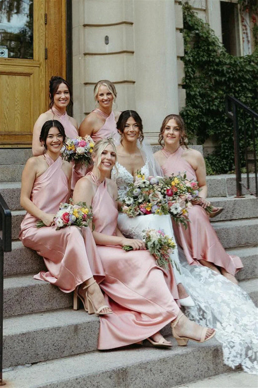 Halter Pink Back Bow Sheath Bridesmaid Dress SH6562