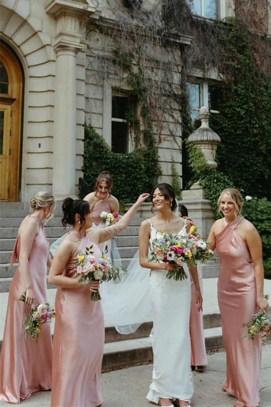 Halter Pink Back Bow Sheath Bridesmaid Dress SH6562