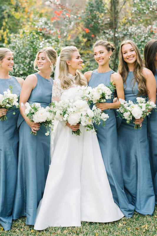 High Neck Blue Back Bow Mermaid Bridesmaid Dress SH6554