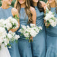 High Neck Blue Back Bow Mermaid Bridesmaid Dress SH6554