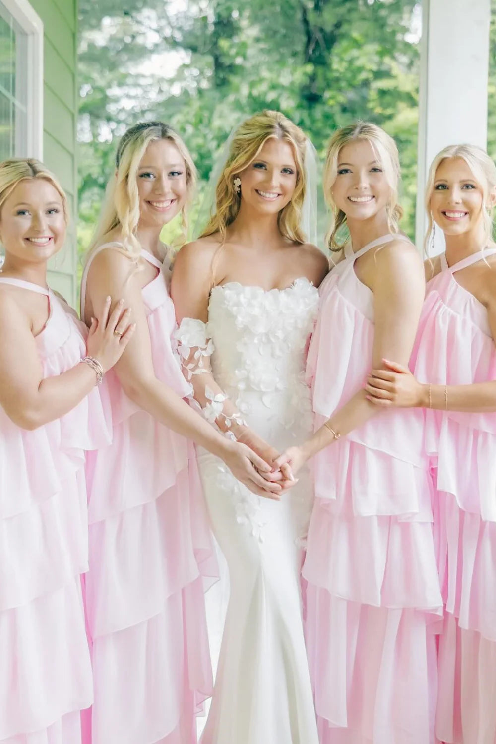 High Neck Pink Tiered Chiffon Long Bridesmaid Dress SH6561