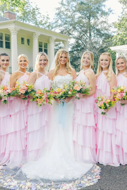 High Neck Pink Tiered Chiffon Long Bridesmaid Dress SH6561
