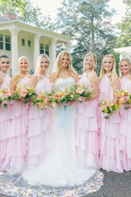 High Neck Pink Tiered Chiffon Long Bridesmaid Dress SH6561