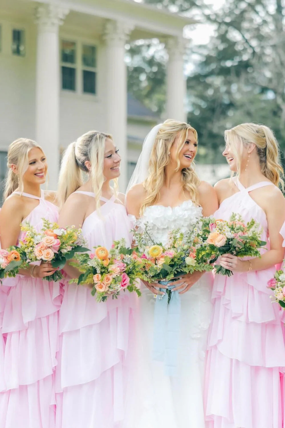 High Neck Pink Tiered Chiffon Long Bridesmaid Dress SH6561