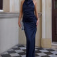 Hot Sheath Halter Neck Navy Blue Satin Long Party Dress with Open Back SH7770