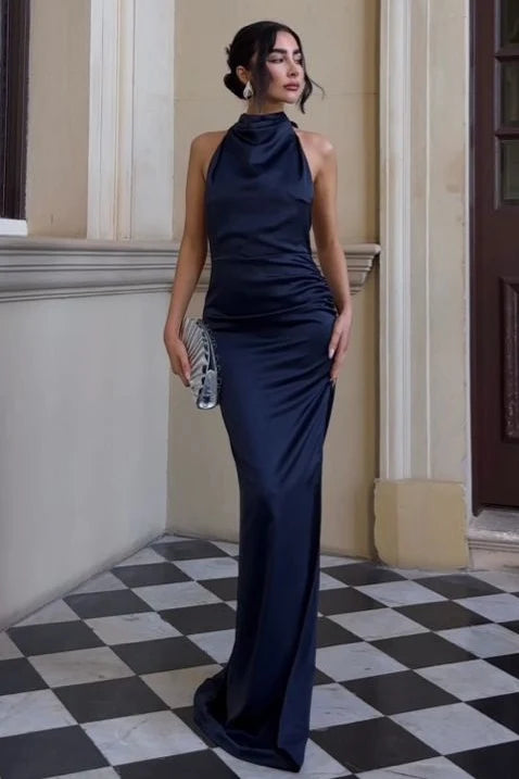 Hot Sheath Halter Neck Navy Blue Satin Long Party Dress with Open Back SH7770