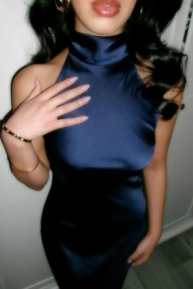 Hot Sheath Halter Neck Navy Blue Satin Long Party Dress with Open Back SH7770