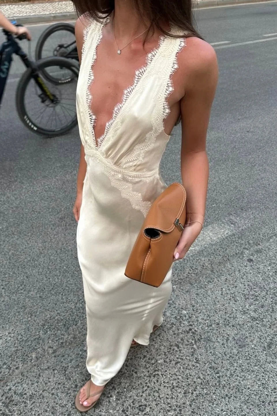 Trendy Sheath Deep V Neck Ivory Long Party Dress with Lace SH8288