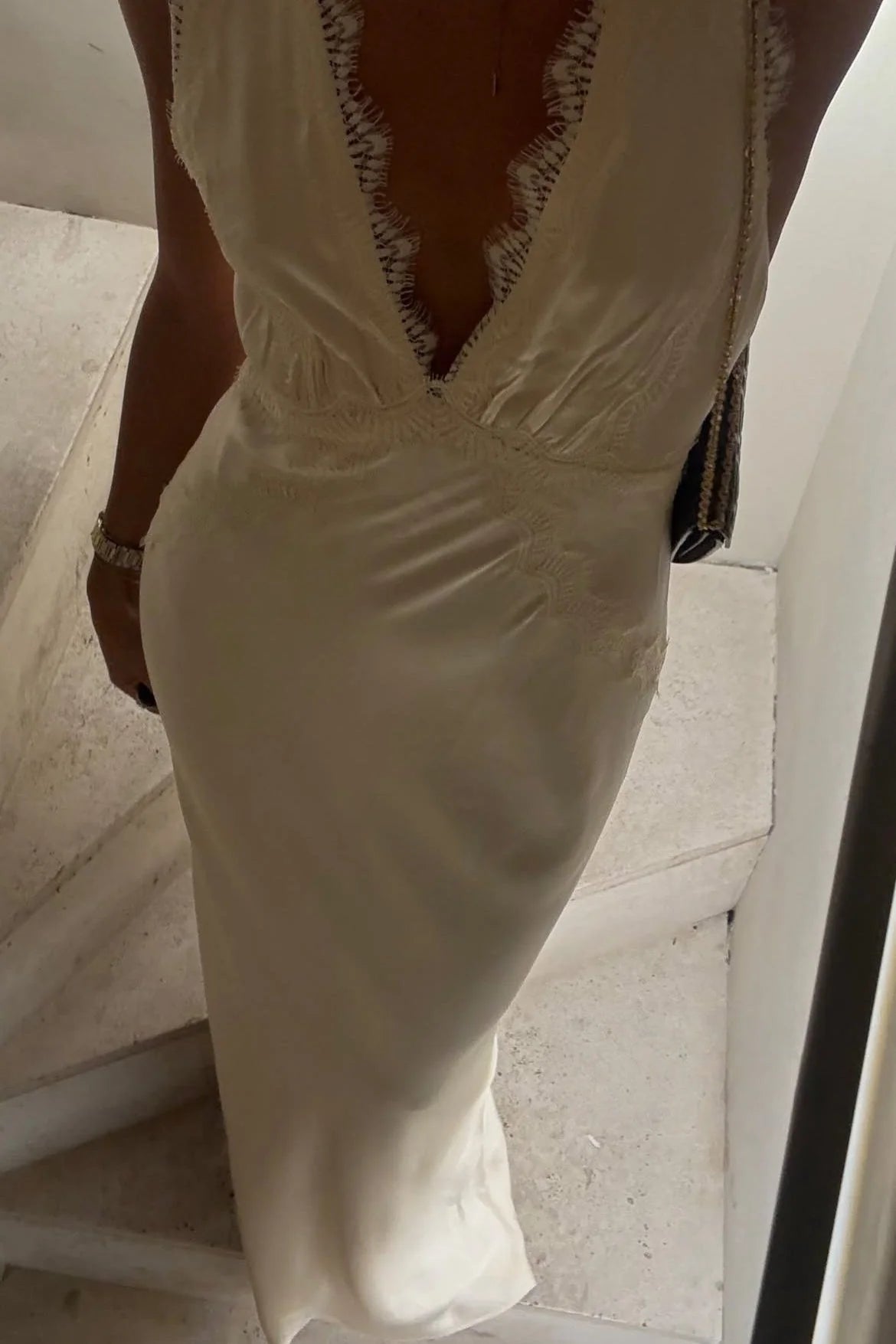 Trendy Sheath Deep V Neck Ivory Long Party Dress with Lace SH8288