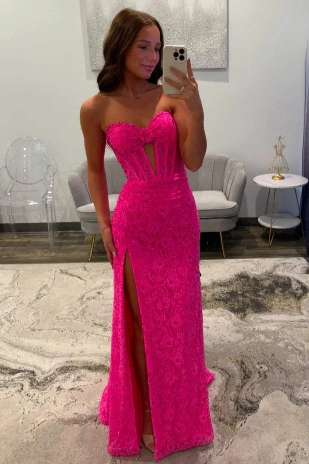Charming Mermaid Sweetheart Hot Pink Lace Long Prom Dress with Split Front SH8136