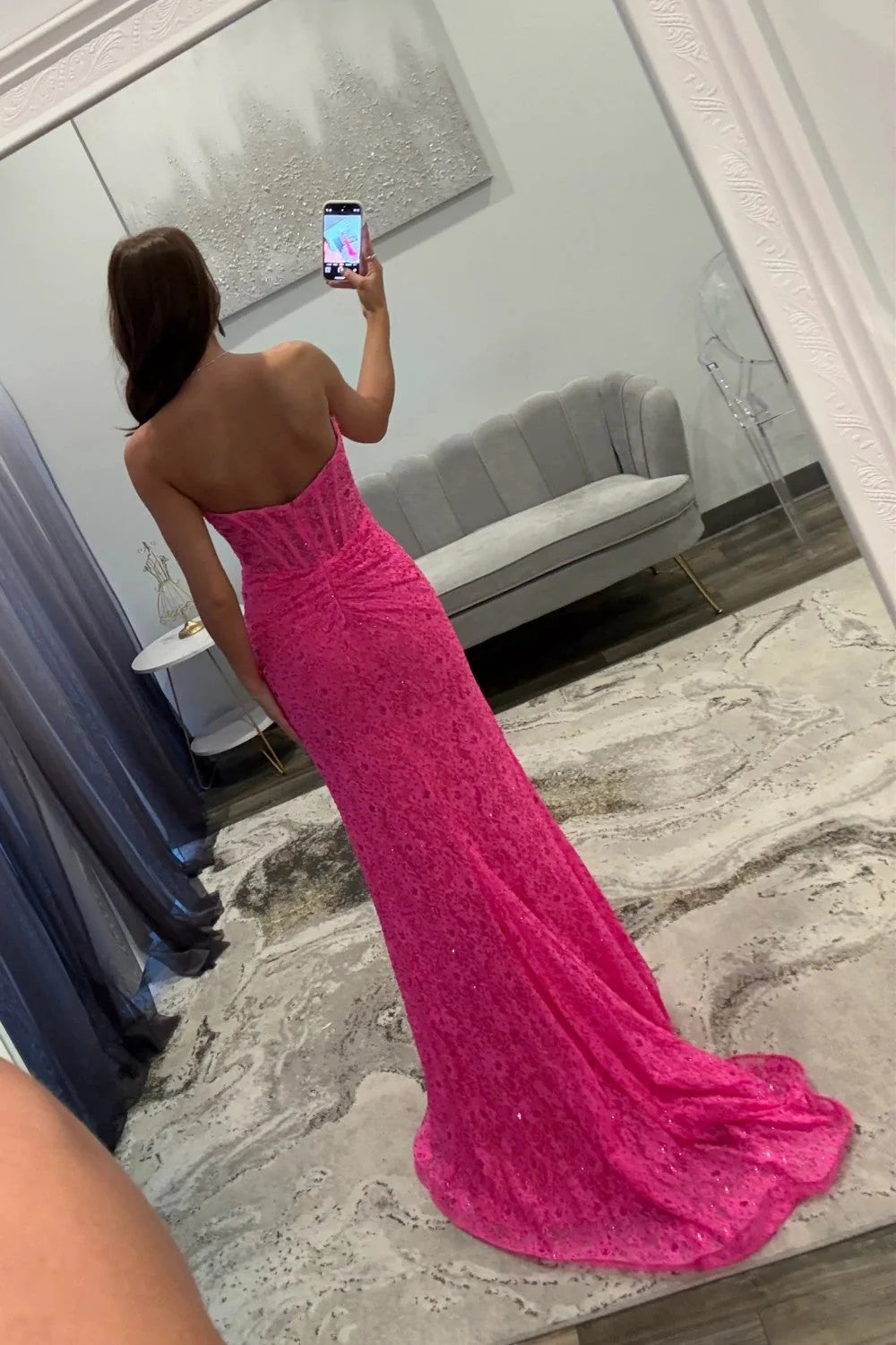 Charming Mermaid Sweetheart Hot Pink Lace Long Prom Dress with Split Front SH8136