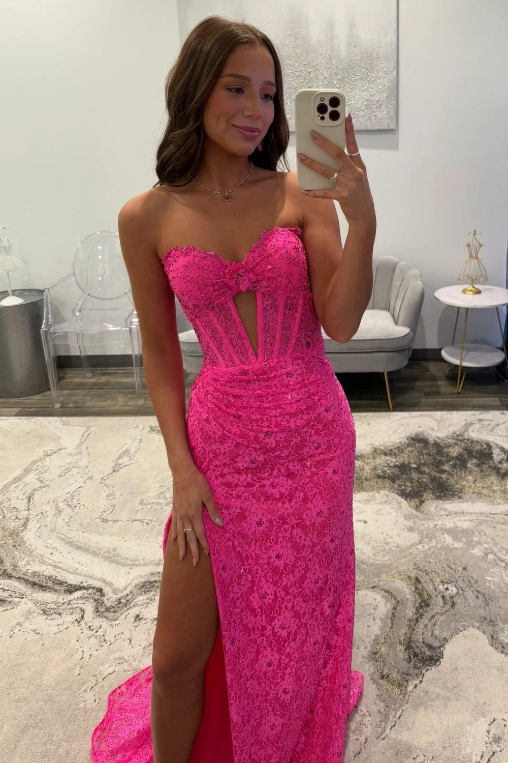 Charming Mermaid Sweetheart Hot Pink Lace Long Prom Dress with Split Front SH8136