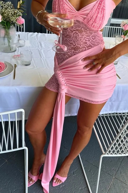 Hot Sheath Halter Neck Pink Lace Short Party Dress SH7746