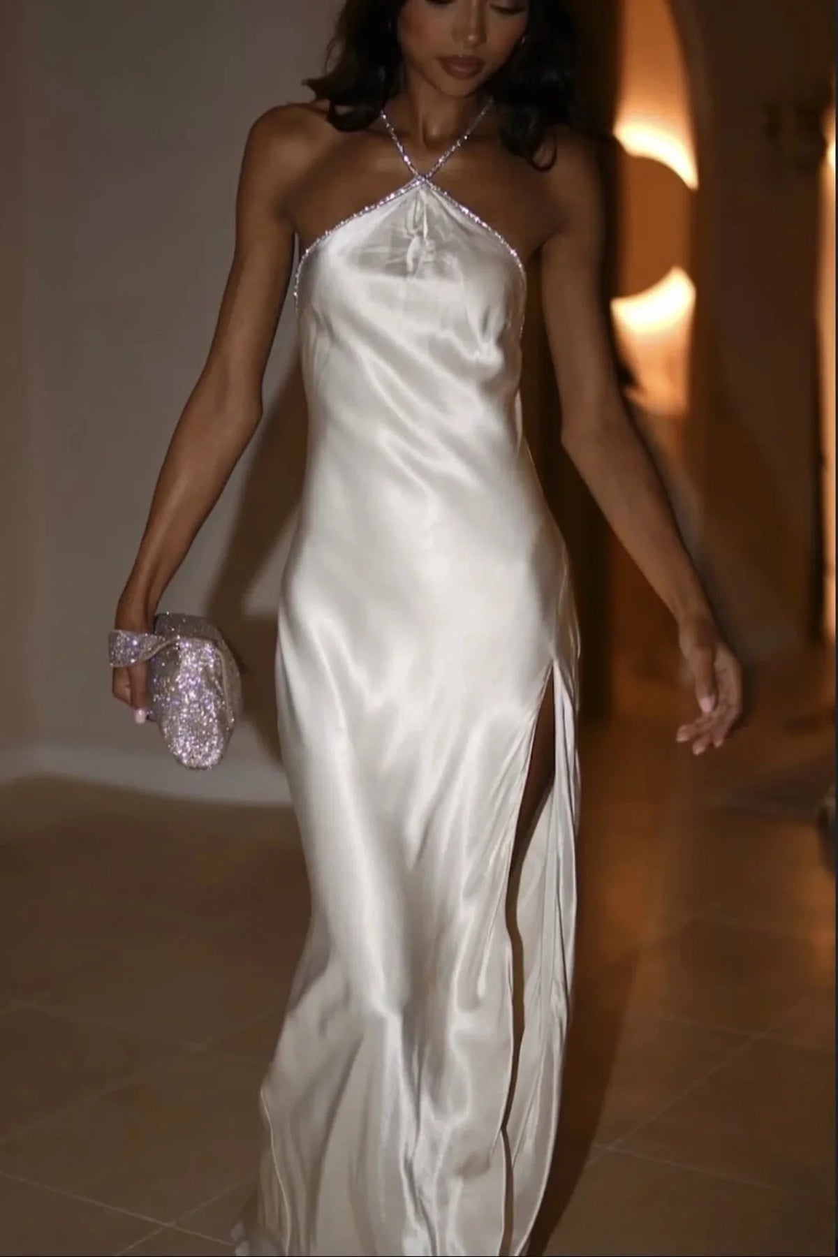Trendy Sheath Halter Neck White Long Party Dress with Open Back Beading SH7619