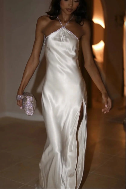 Trendy Sheath Halter Neck White Long Party Dress with Open Back Beading SH7619