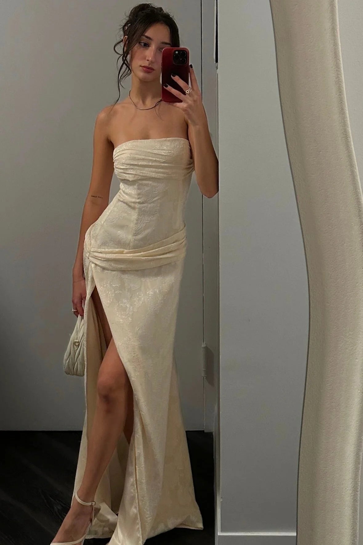 Hot Sheath Strapless Ivory Long Party Dress with Ruched SH7764