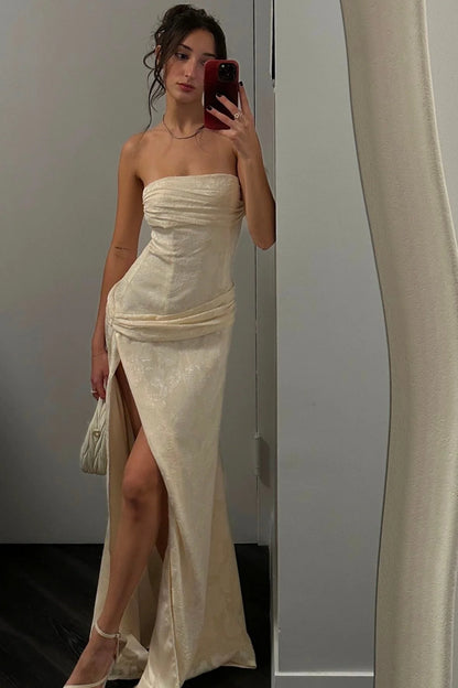 Hot Sheath Strapless Ivory Long Party Dress with Ruched SH7764