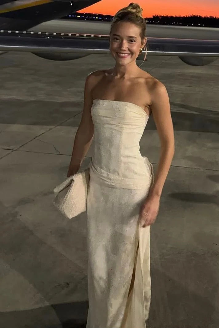 Hot Sheath Strapless Ivory Long Party Dress with Ruched SH7764